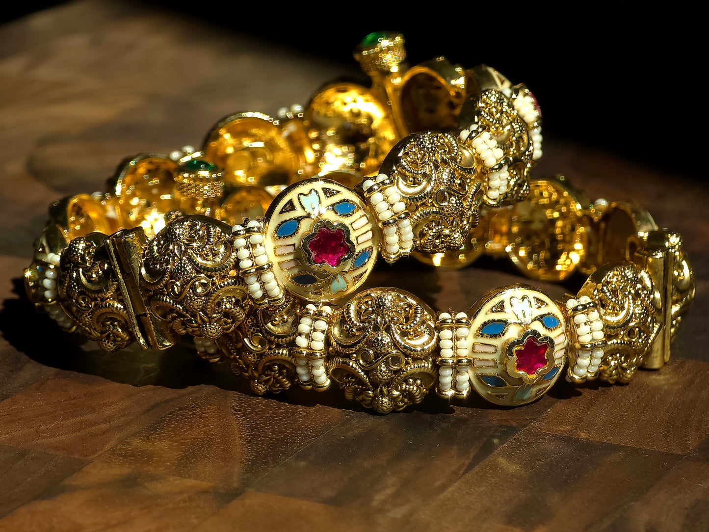 Enamel Floral Kundan & Pearl Bangles (Set of 2)