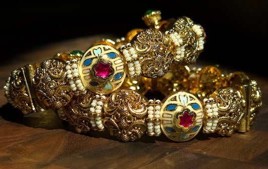 Enamel Floral Kundan & Pearl Bangles (Set of 2)
