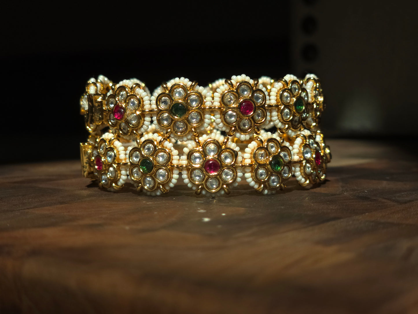 Floral Kundan & Pearl Bangles (Set of 2)