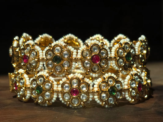 Floral Kundan & Pearl Bangles (Set of 2)