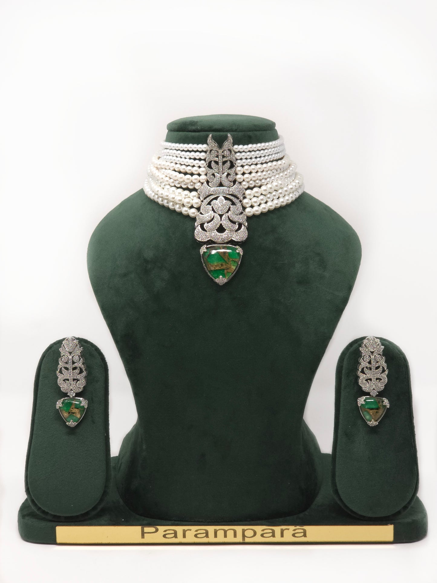 Statement Multi-Layer Pearl Choker Set with Green Mosaic Stone Pendant