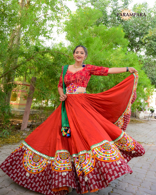 Red Color Chaniya Choli with Green Bandhani Dupatta.