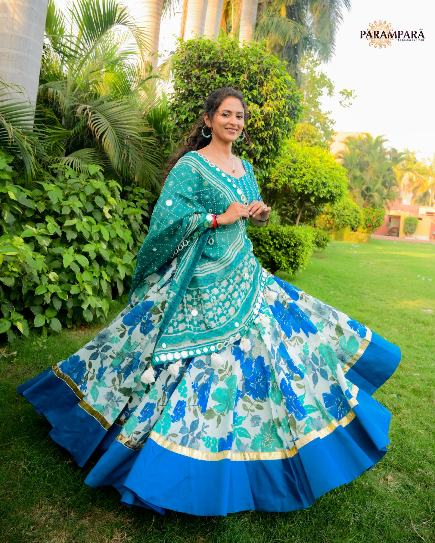 Beautiful Blue and Green Chaniya Choli in Floral Design.