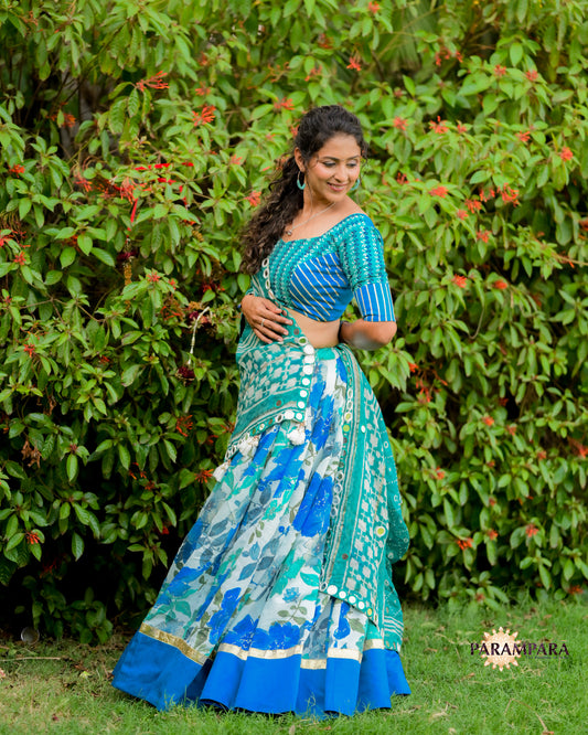 Beautiful Blue and Green Chaniya Choli in Floral Design.