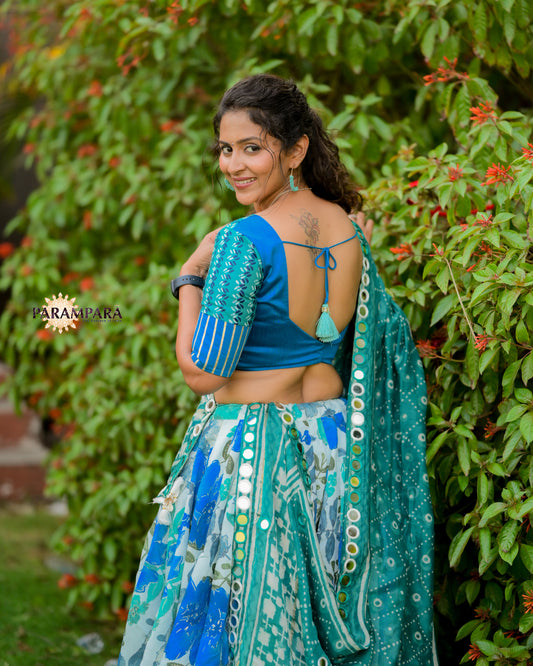 Beautiful Blue and Green Chaniya Choli in Floral Design.
