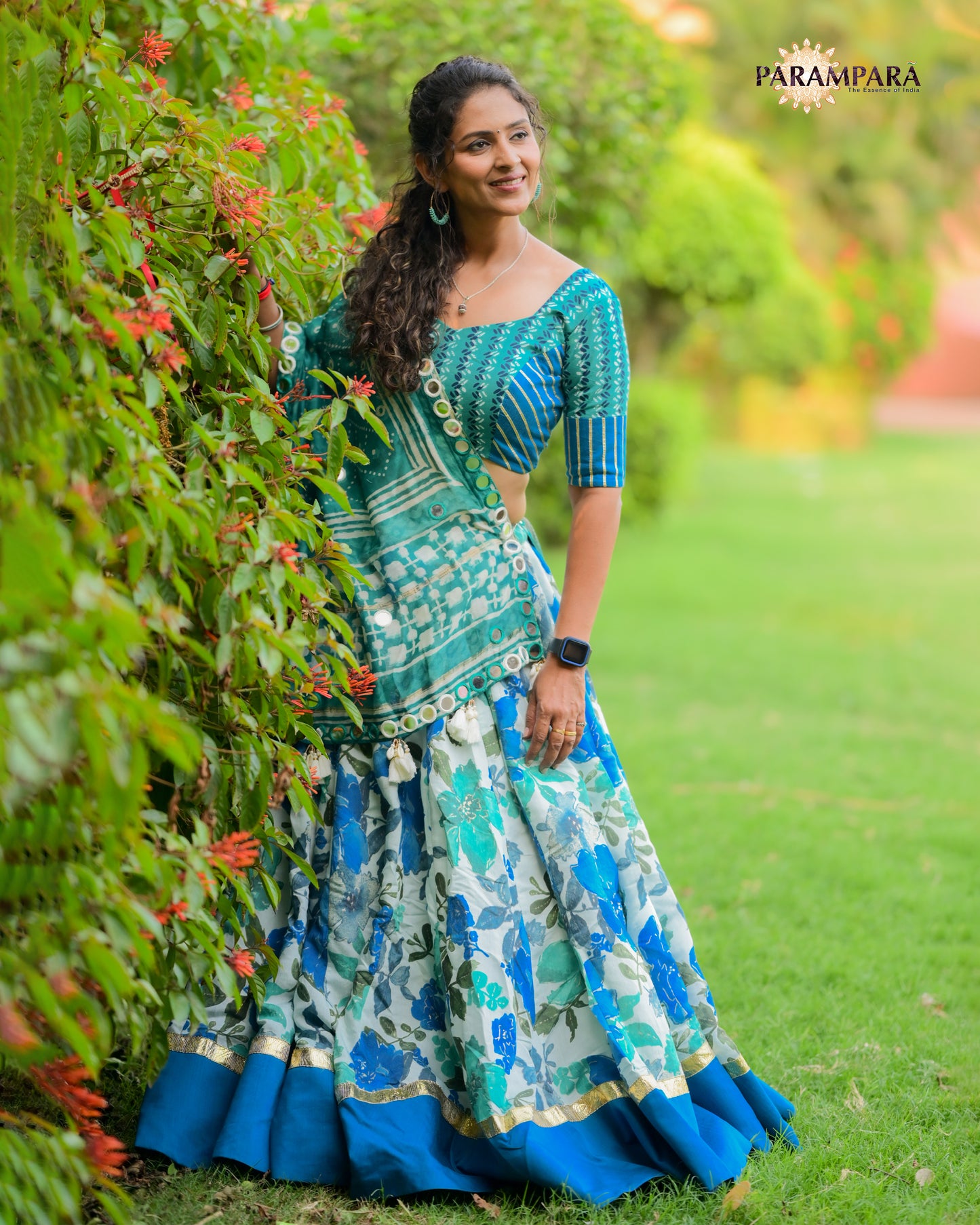 Beautiful Blue and Green Chaniya Choli in Floral Design.