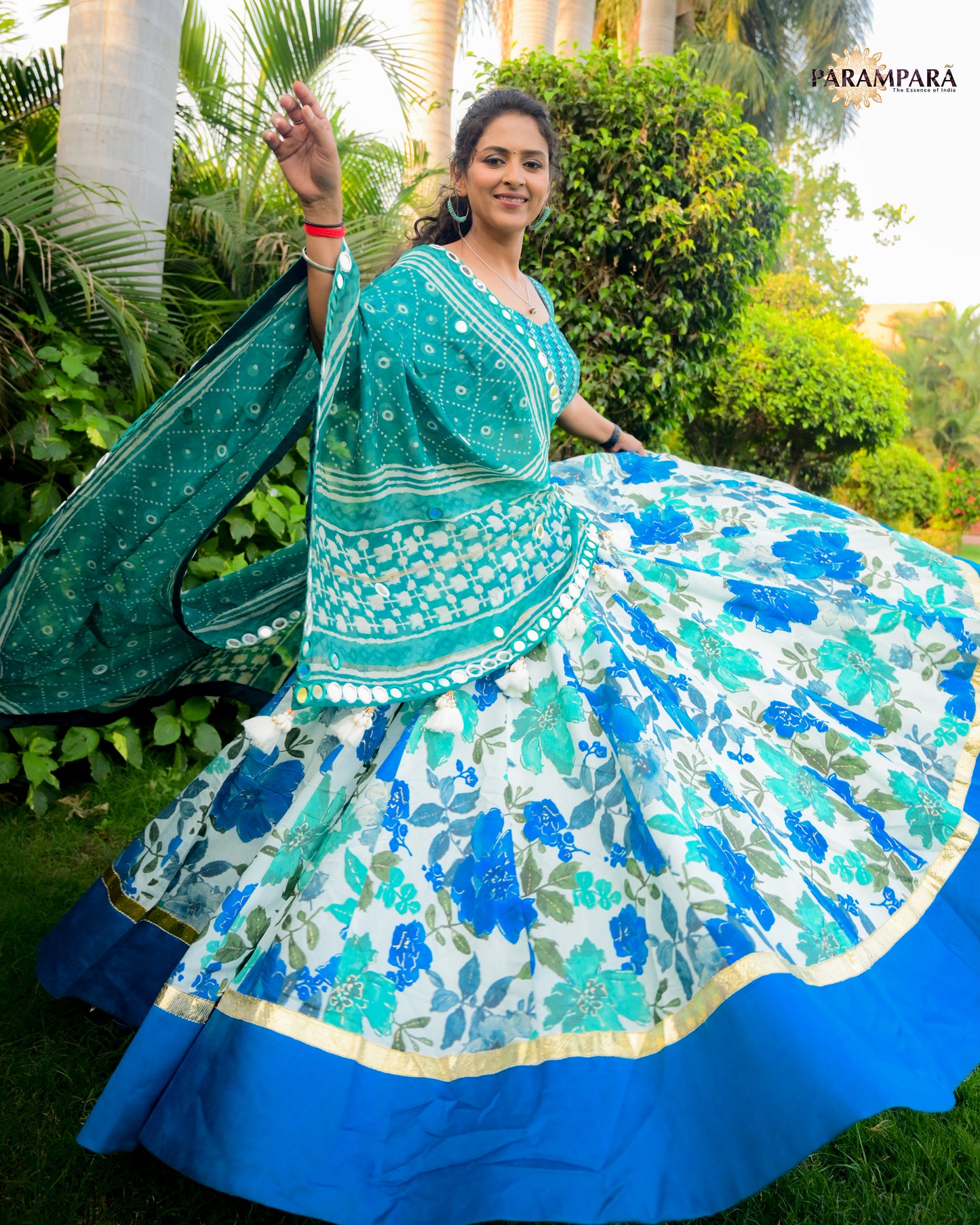 Beautiful Blue and Green Chaniya Choli in Floral Design.