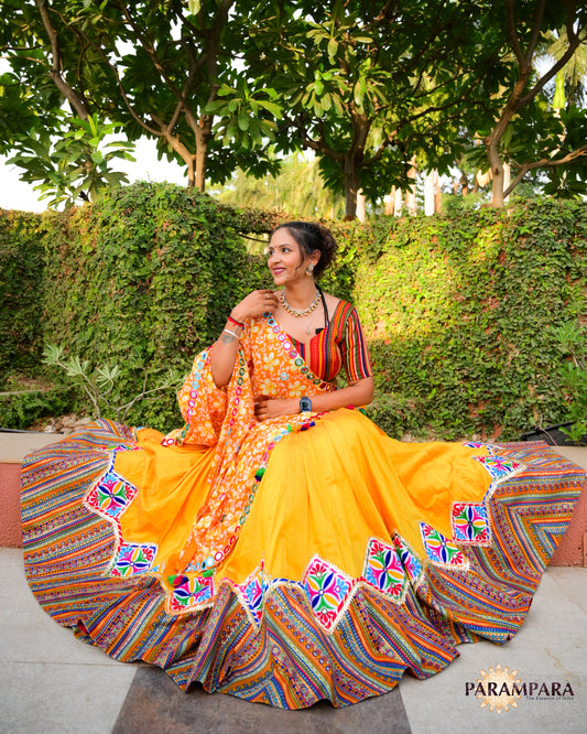 Traditional Elegance: Multicolor Chaniya Cholis with Sunny Yellow Base.