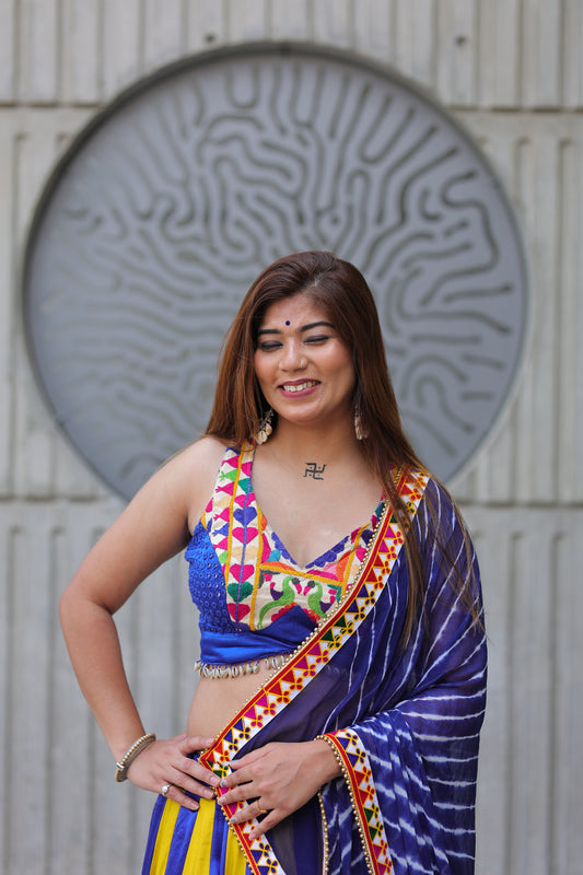 Best Beautiful Block printed, Authentic ,Traditional ,Navaratri Wear Chanyiya Cholic, Garba Wear , Yellow and blue color combination with blue printed Duppata 