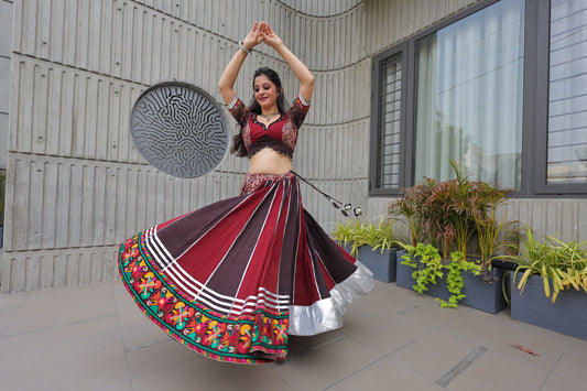 Best Beautiful Traditional, Chanyiya choli in red and maroon color with choli and lehenga in silver hemline