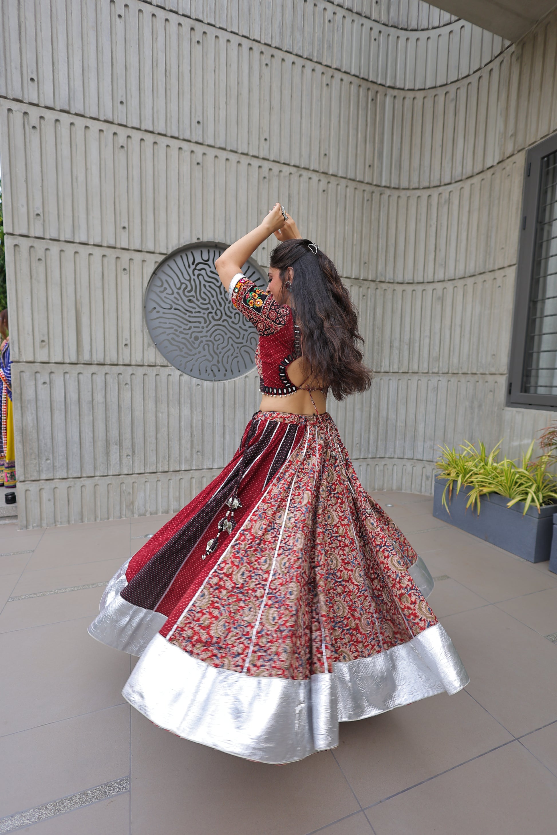 Best Beautiful Traditional, Chanyiya choli in red and maroon color with choli and lehenga in silver hemline