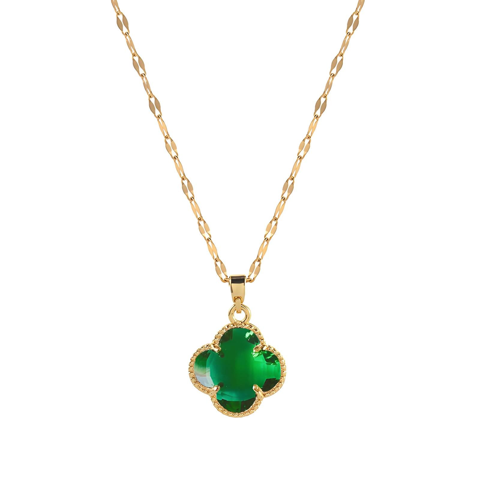 Anti Tarnish Waterproof Daily Wear 18K Gold Triple Plated Premium Quality Stainless Steel Green Gemstone clover Pendant