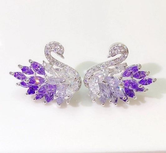 " Beautiful SWAN stud earrings made from cubic zirconia stone purple color- bridal jewelery-statment earrings " 