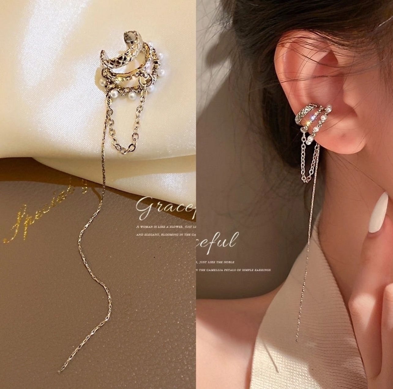 Gold Crescent Moon Ear Cuff with Pearls & Chain