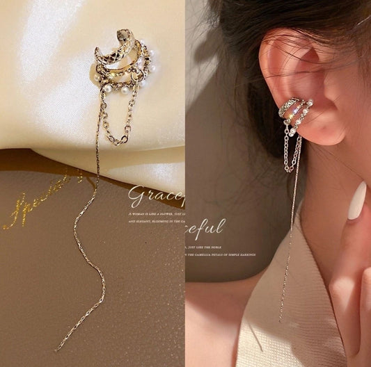 Gold Crescent Moon Ear Cuff with Pearls & Chain