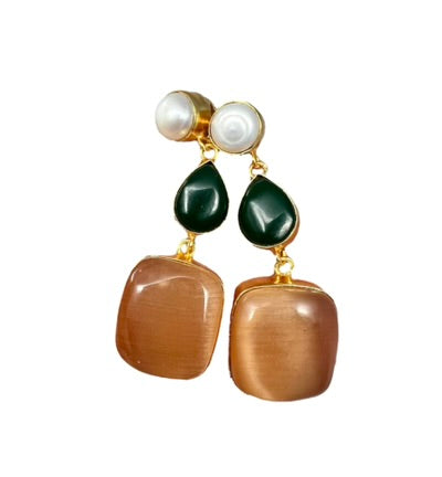 Jaipur Collection |Natural Stone & Pearl Three Drop Earrings.