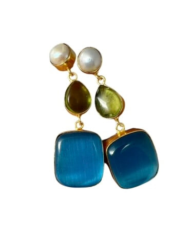 Jaipur Collection |Natural Stone & Pearl Three Drop Earrings.