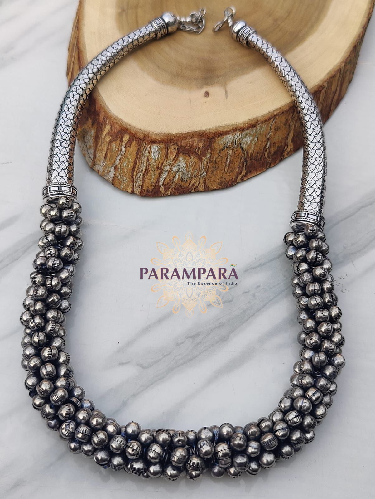"Oxidized long pendant necklace with ghungroo bell clusters and engraved accents – 