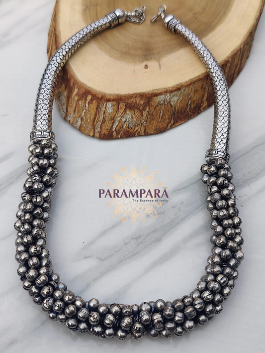 "Oxidized long pendant necklace with ghungroo bell clusters and engraved accents – 