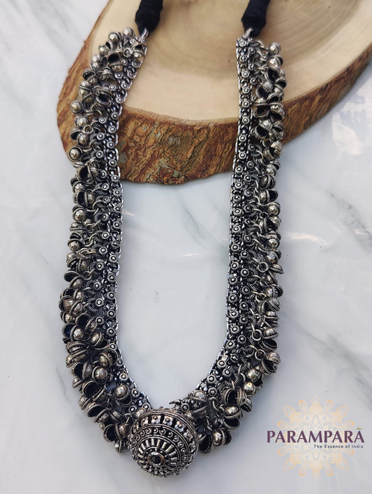 "Handmade oxidized silver Indian necklace with central dome pendant and adjustable thread"
