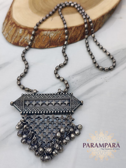 "Oxidized silver tribal pendant necklace with beaded chain and hanging bell charms – handmade ethnic jewelry"