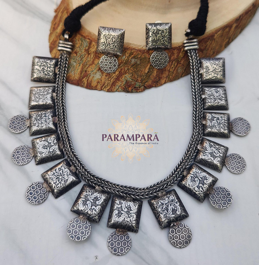"Oxidized square pendant necklace with matching earrings and round danglers – handmade Indian jewelry set"