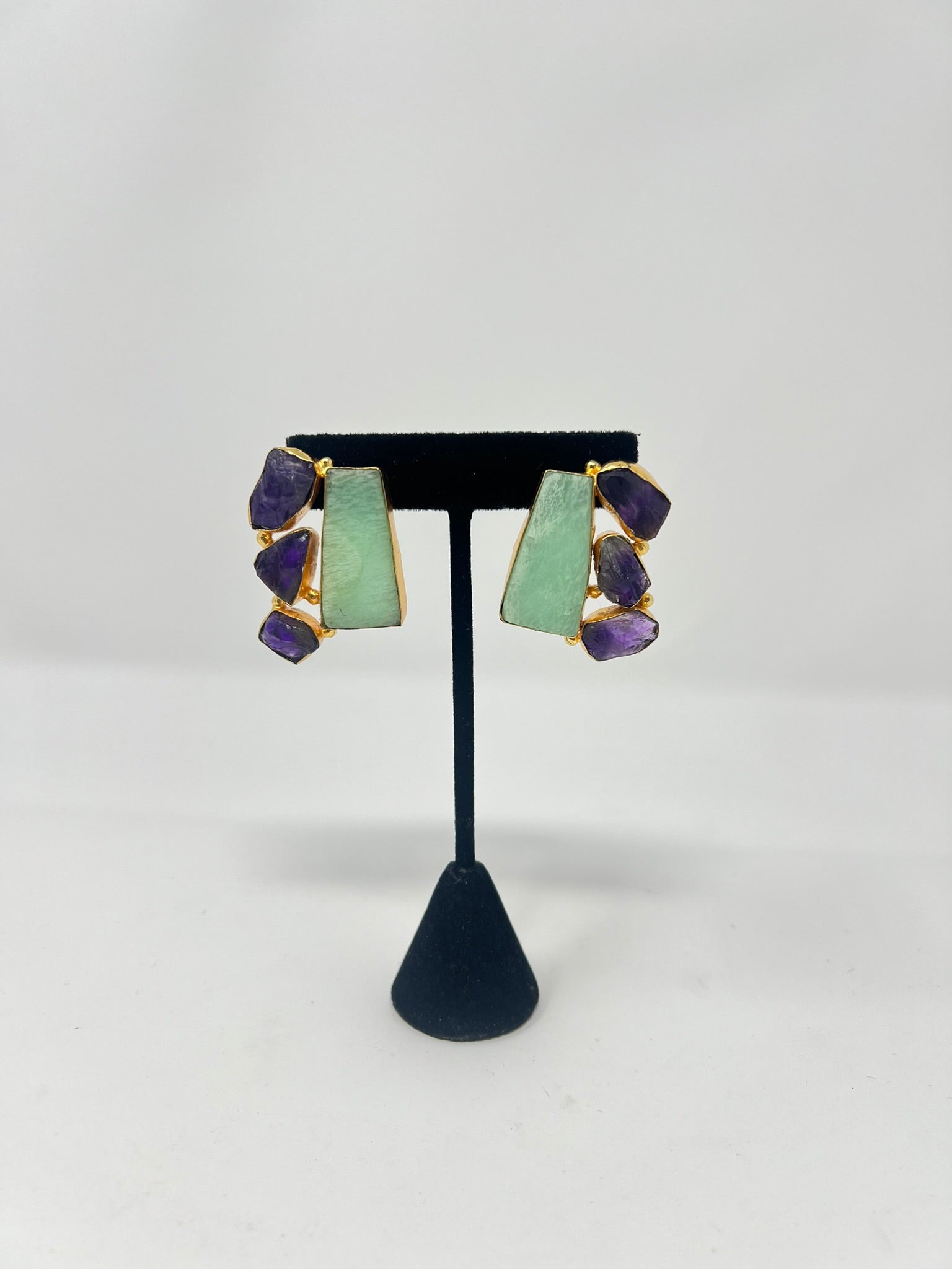 Sea Green Earrings with Purple natural sone. Adjustable .