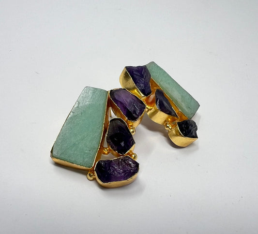 Sea Green Earrings with Purple natural sone. Adjustable .