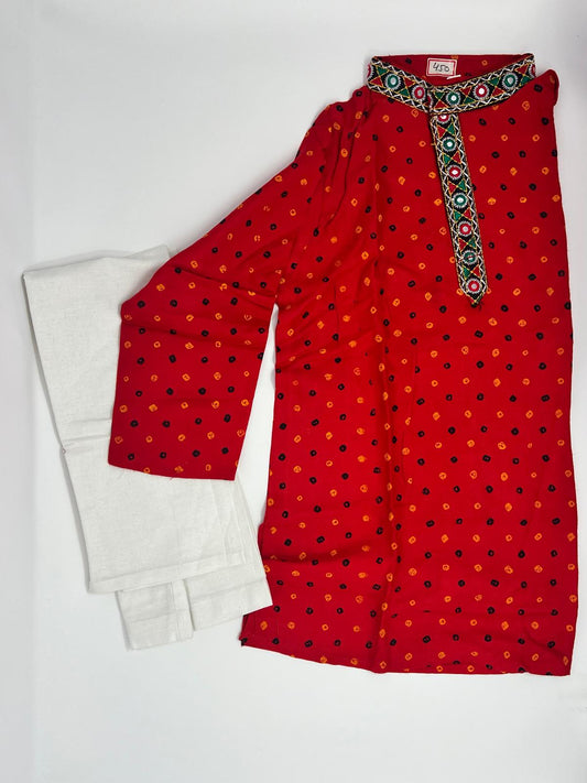 The kurta is made from a Red woven fabric with simple Colorful embroidery patterns.

The pajama is crafted from plain cotton.