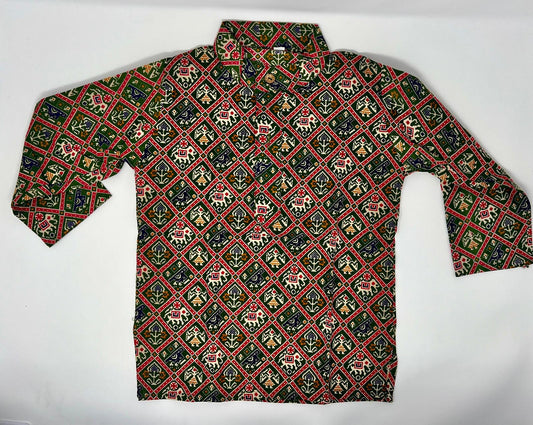 This is a traditional Brown embroidered Kurta featuring intricate and vibrant designs, typically associated with cultural or folkloric attire.

The Kurta is adorned with colorful Animal and Geometric Patterns all over it.