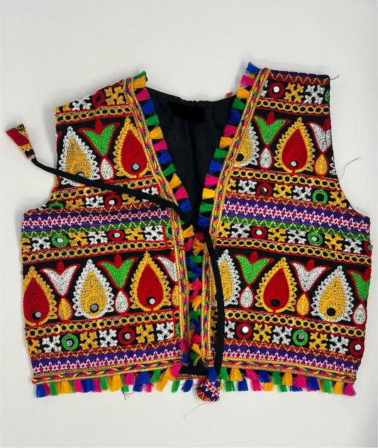 This is a traditional embroidered vest featuring intricate and vibrant designs, typically associated with cultural or folkloric attire.