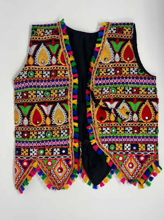 This is a traditional embroidered vest featuring intricate and vibrant designs, typically associated with cultural or folkloric attire.