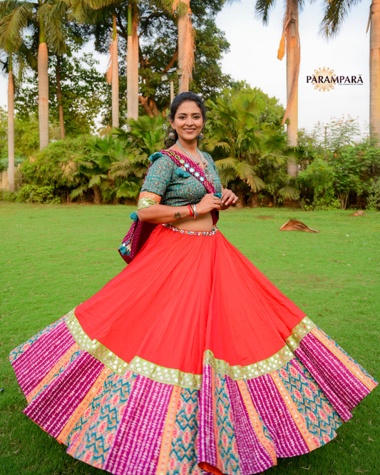Chaniya Choli with Red chaniya and Magenta and Rama print Border.