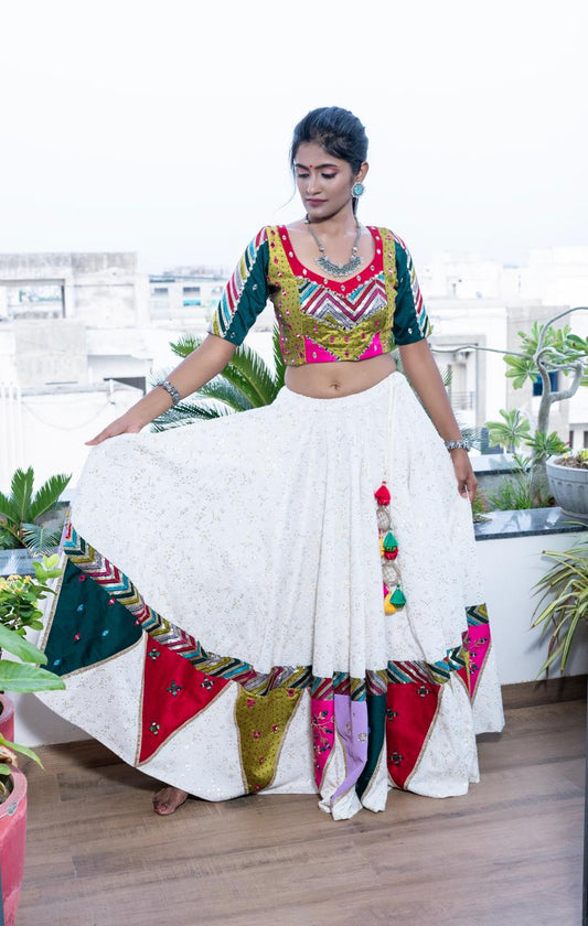 White Choli with Green Multicolor blouse.