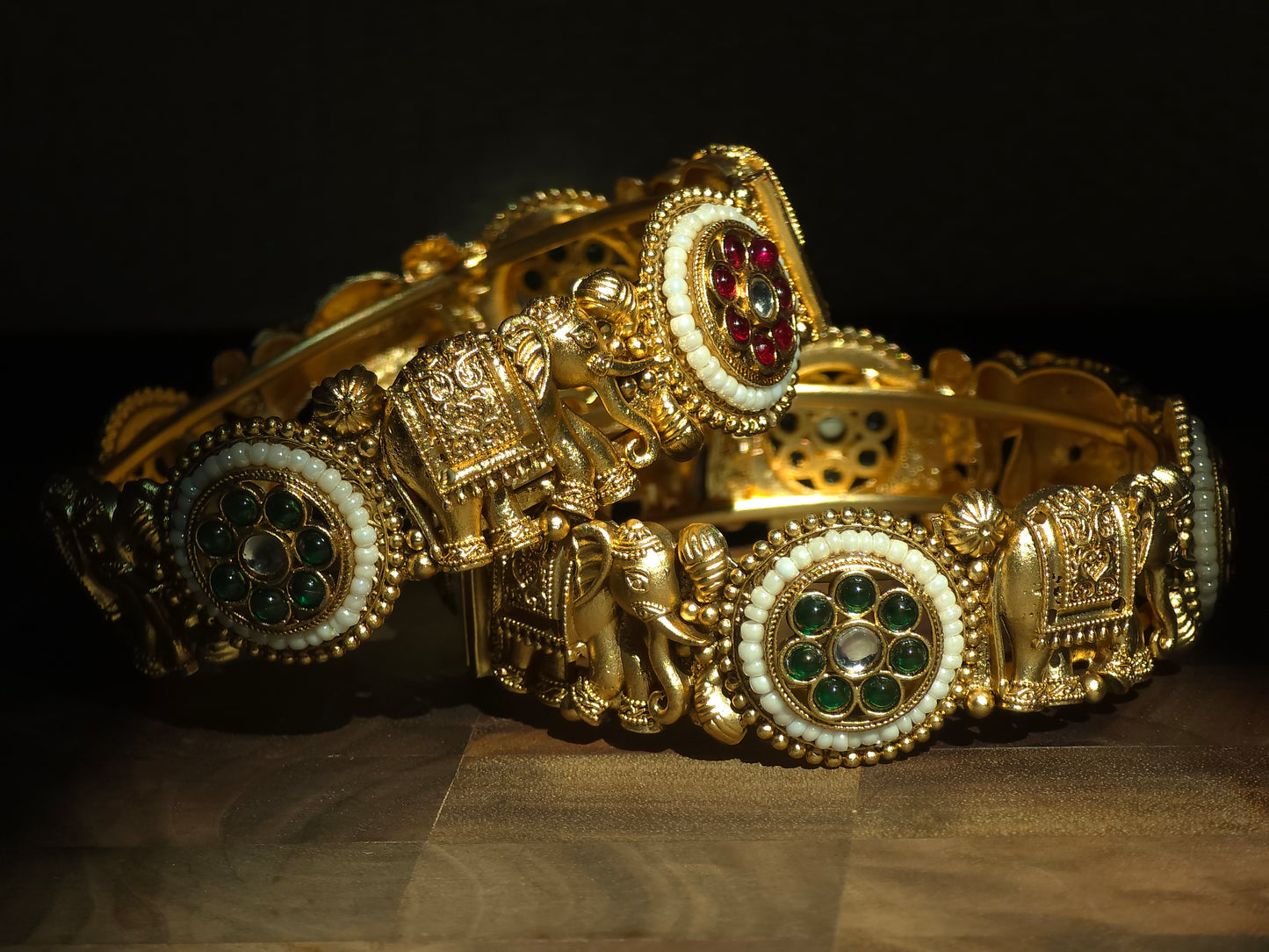 Elephant Motif Multicolor Kundan Bangles (Set of 2)