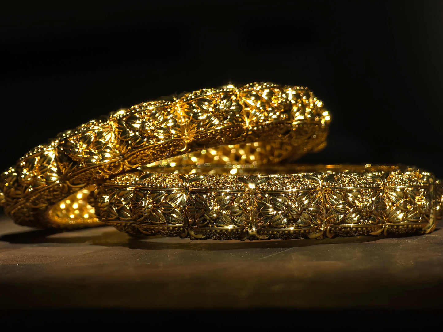 Classic Gold Floral Carved Bangles (Set of 2)