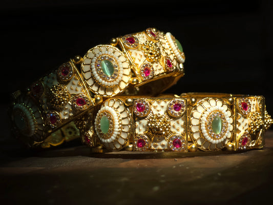 Ivory Enamel & Floral Bangles (Set of 2)