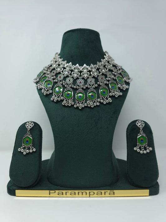 Peacock Motif Oxidized Silver Necklace Set