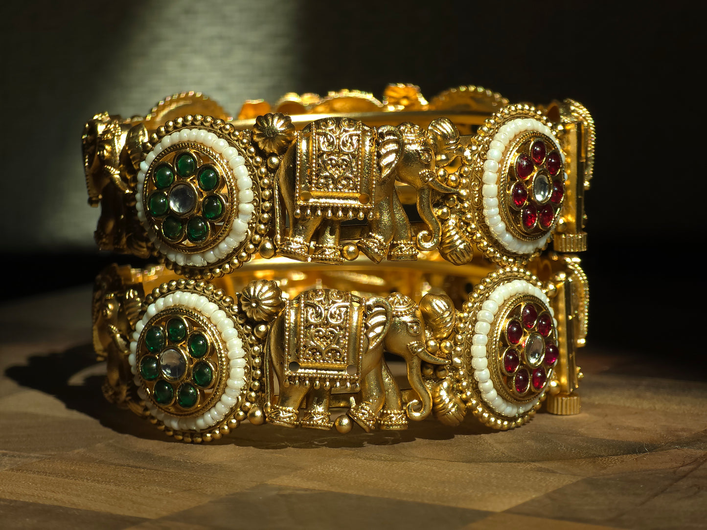 Elephant Motif Multicolor Kundan Bangles (Set of 2)