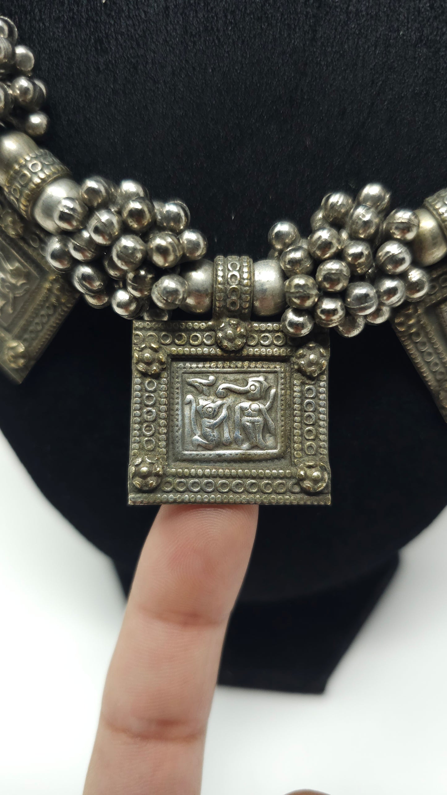 Oxidized Silver Temple Necklace with Engraved Panels
