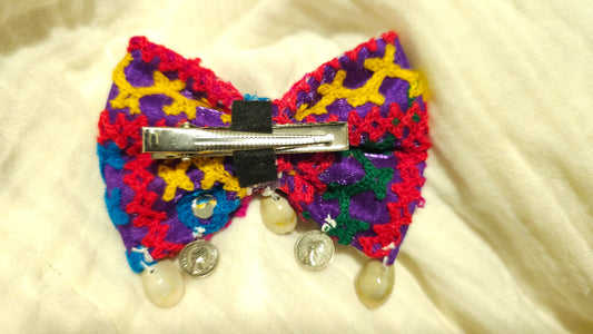 Vibrant Kutchi Embroidered Bow Hair Clip with Cowrie Shells & Coins