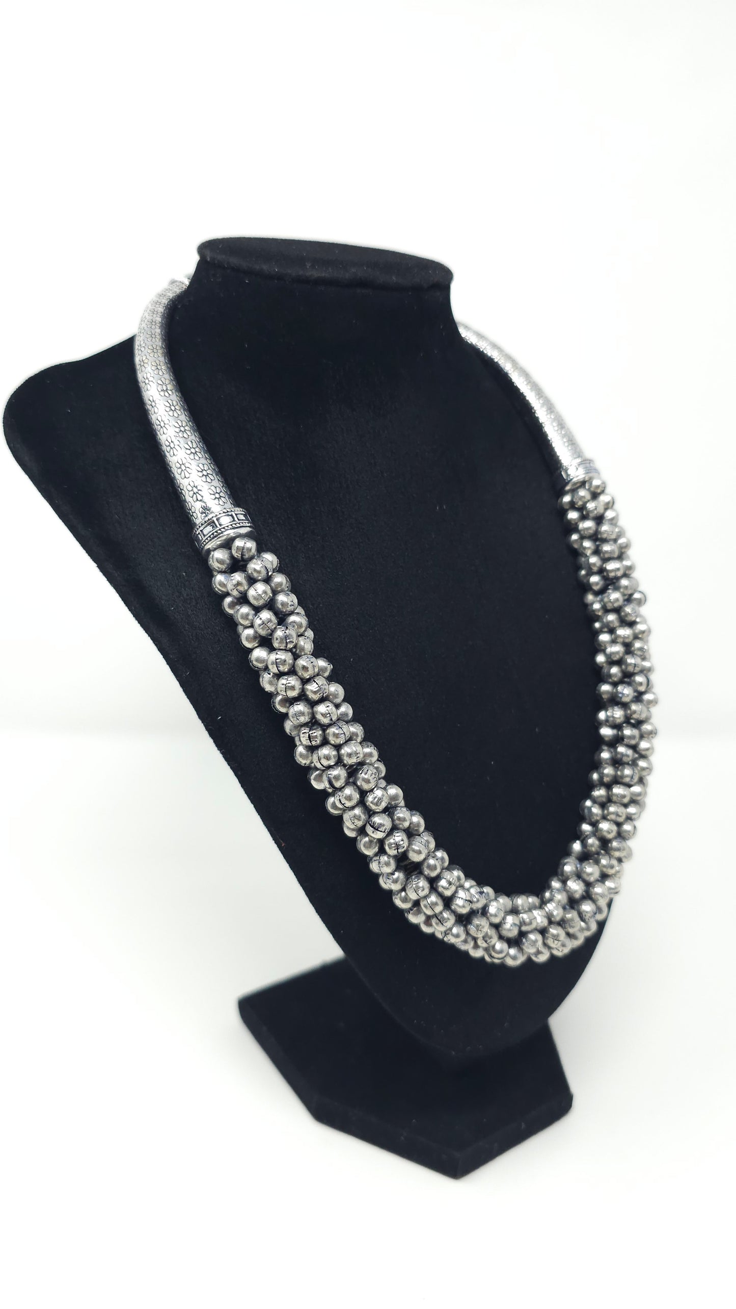 Oxidized Silver Beaded Choker Necklace