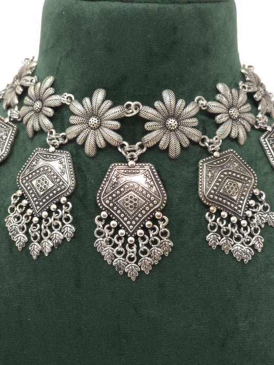 Floral Dangler Oxidized Set