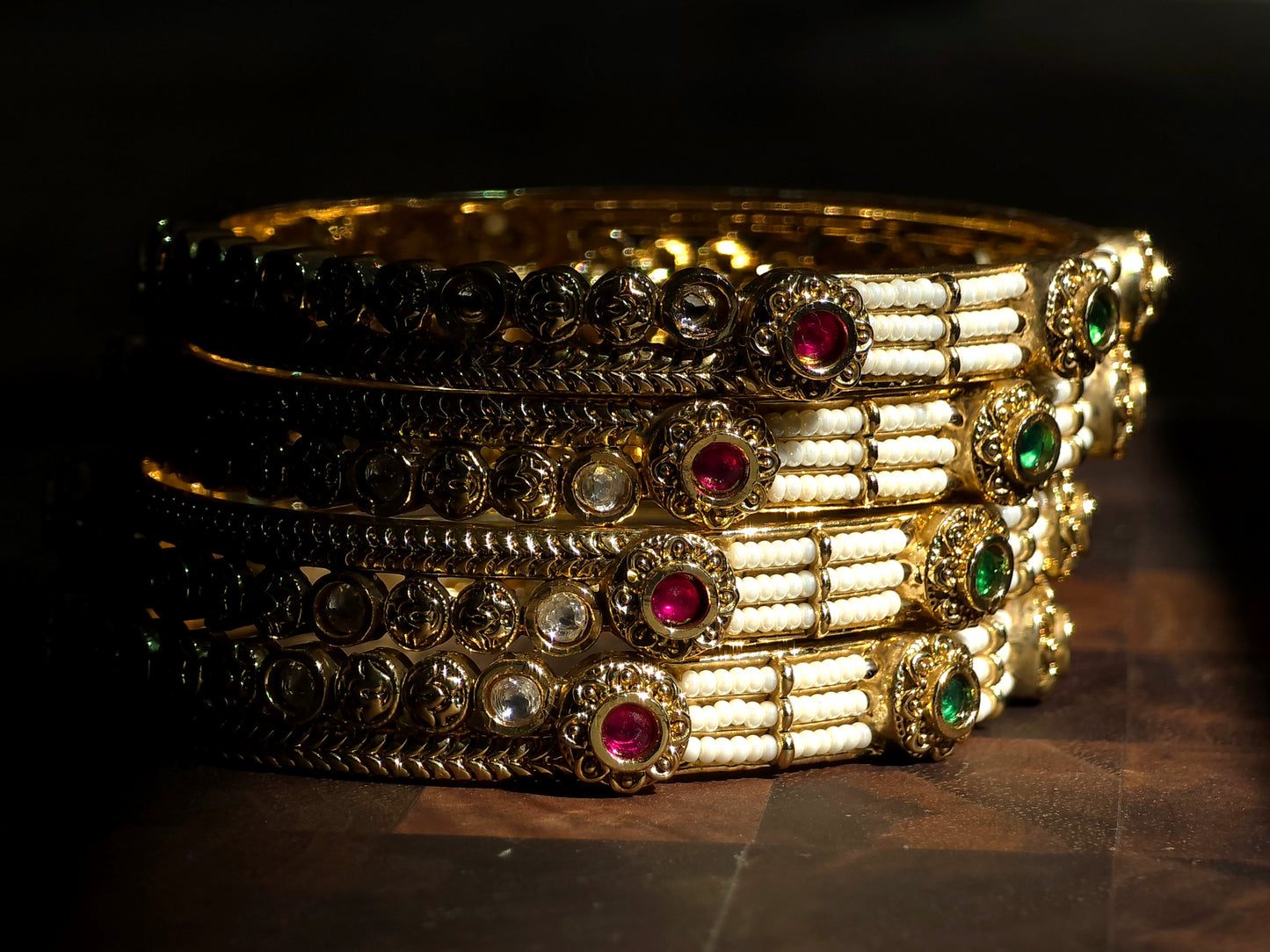 Royal Pearl & Multistone Statement Bangles (Set of 4)