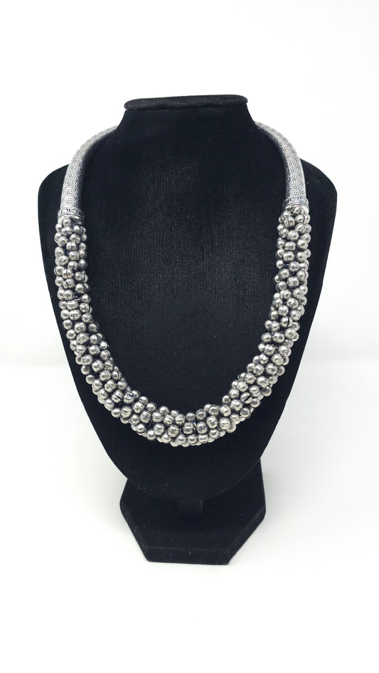 Oxidized Silver Beaded Choker Necklace