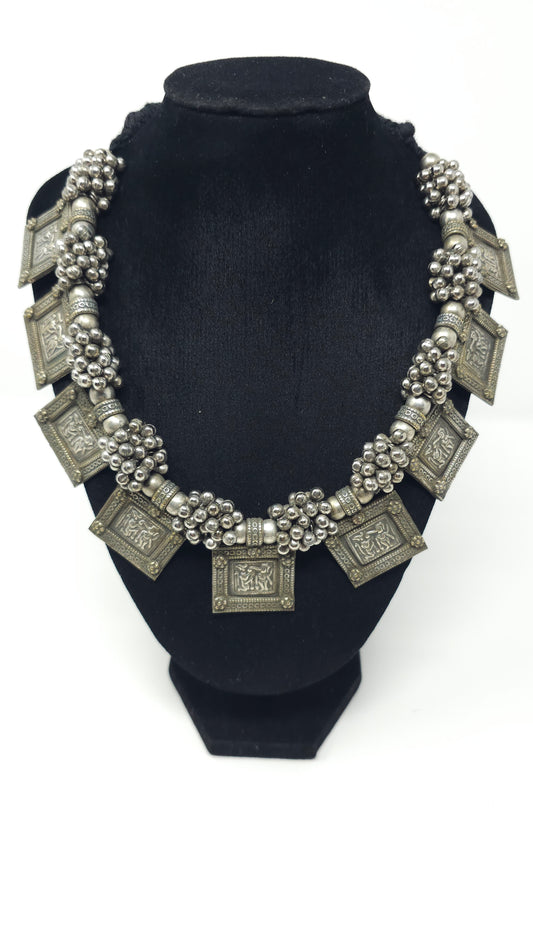 Oxidized Silver Temple Necklace with Engraved Panels