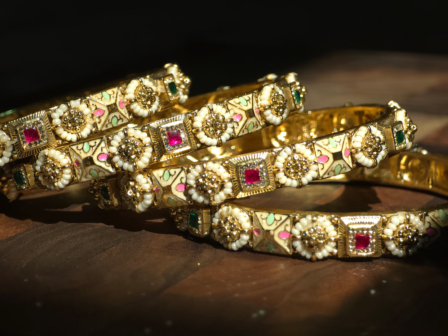 Floral Kundan & Pearl Accent Slim Bangles (Set of 4)