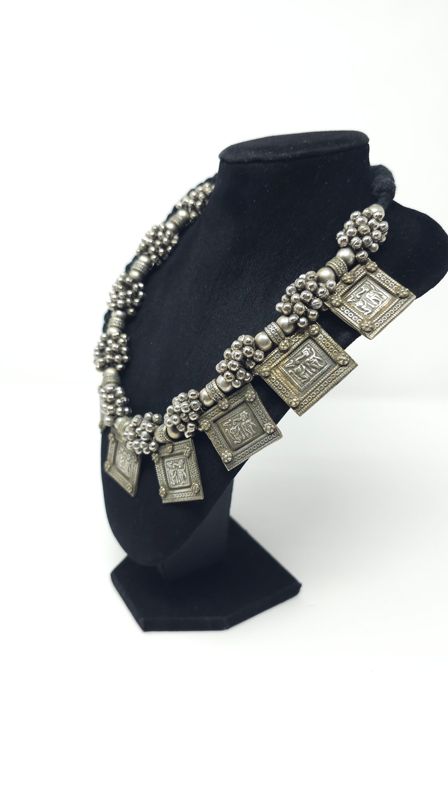 Oxidized Silver Temple Necklace with Engraved Panels