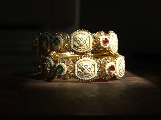 Ivory Medallion & Multistone Heritage Bangles (Set of 2)