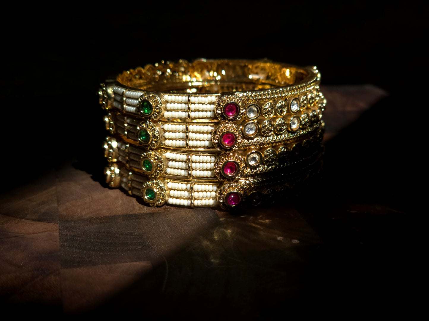 Royal Pearl & Multistone Statement Bangles (Set of 4)